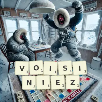 Illustration créative d'un jeu de lettres avec le mot VOISINIEZ épelé sur le plateau.