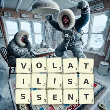 Illustration créative d'un jeu de lettres avec le mot VOLATILISASSENT épelé sur le plateau.