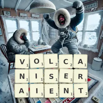 Illustration créative d'un jeu de lettres avec le mot VOLCANISERAIENT épelé sur le plateau.