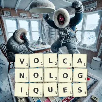 Illustration créative d'un jeu de lettres avec le mot VOLCANOLOGIQUES épelé sur le plateau.