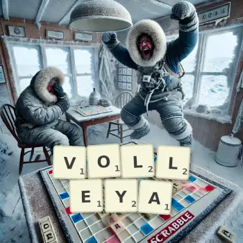 Illustration créative d'un jeu de lettres avec le mot VOLLEYA épelé sur le plateau.