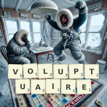 Illustration créative d'un jeu de lettres avec le mot VOLUPTUAIRE épelé sur le plateau.