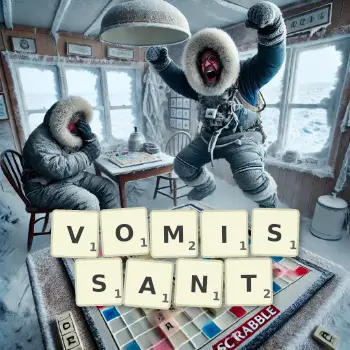 Illustration créative d'un jeu de lettres avec le mot VOMISSANT épelé sur le plateau.