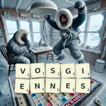 Illustration créative d'un jeu de lettres avec le mot VOSGIENNES épelé sur le plateau.