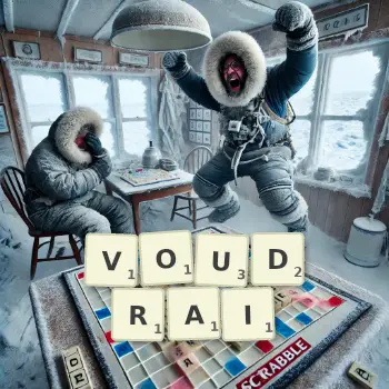 Illustration créative d'un jeu de lettres avec le mot VOUDRAI épelé sur le plateau.
