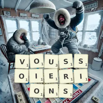 Illustration créative d'un jeu de lettres avec le mot VOUSSOIERIONS épelé sur le plateau.