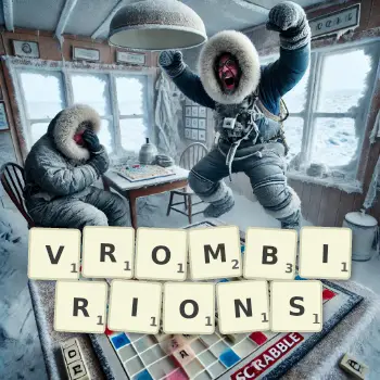 Illustration créative d'un jeu de lettres avec le mot VROMBIRIONS épelé sur le plateau.