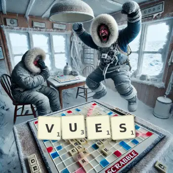 Illustration créative d'un jeu de lettres avec le mot VUES épelé sur le plateau.