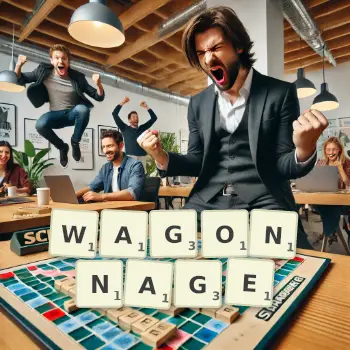 Illustration créative d'un jeu de lettres avec le mot WAGONNAGE épelé sur le plateau.