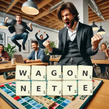 Illustration créative d'un jeu de lettres avec le mot WAGONNETTE épelé sur le plateau.