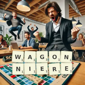 Illustration créative d'un jeu de lettres avec le mot WAGONNIERE épelé sur le plateau.