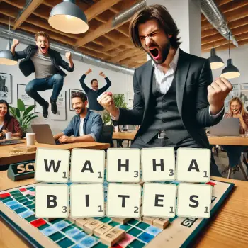 Illustration créative d'un jeu de lettres avec le mot WAHHABITES épelé sur le plateau.
