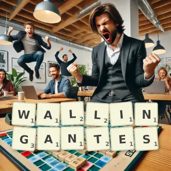 Illustration créative d'un jeu de lettres avec le mot WALLINGANTES épelé sur le plateau.