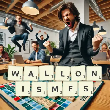 Illustration créative d'un jeu de lettres avec le mot WALLONISMES épelé sur le plateau.