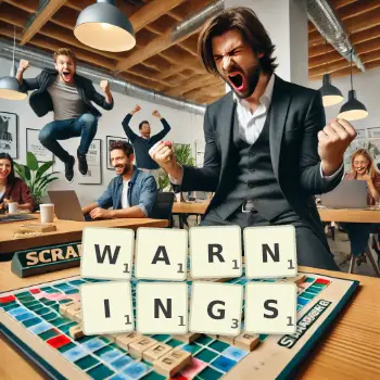Illustration créative d'un jeu de lettres avec le mot WARNINGS épelé sur le plateau.