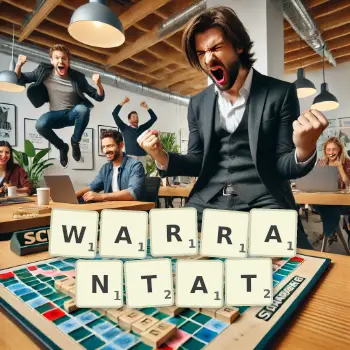 Illustration créative d'un jeu de lettres avec le mot WARRANTAT épelé sur le plateau.