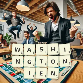Illustration créative d'un jeu de lettres avec le mot WASHINGTONIEN épelé sur le plateau.
