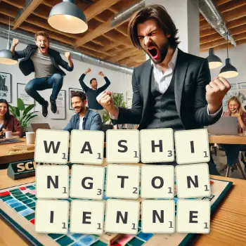 Illustration créative d'un jeu de lettres avec le mot WASHINGTONIENNE épelé sur le plateau.