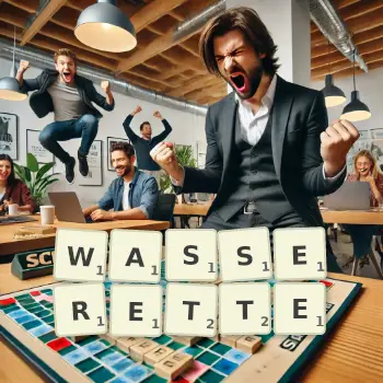 Illustration créative d'un jeu de lettres avec le mot WASSERETTE épelé sur le plateau.