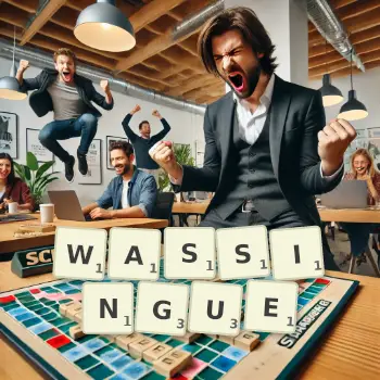 Illustration créative d'un jeu de lettres avec le mot WASSINGUE épelé sur le plateau.