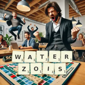 Illustration créative d'un jeu de lettres avec le mot WATERZOIS épelé sur le plateau.