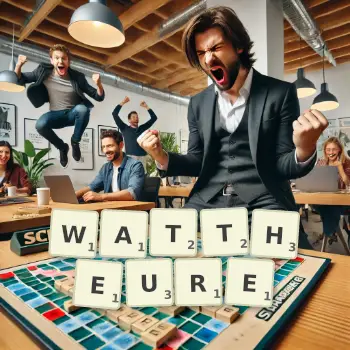 Illustration créative d'un jeu de lettres avec le mot WATTHEURE épelé sur le plateau.