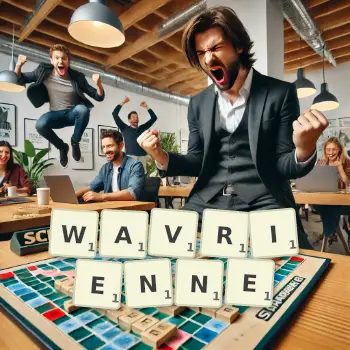 Illustration créative d'un jeu de lettres avec le mot WAVRIENNE épelé sur le plateau.