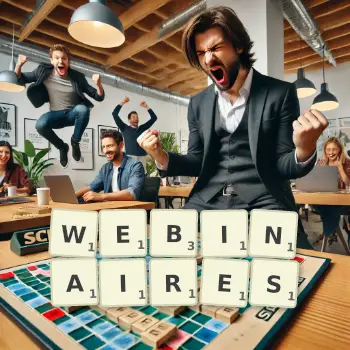 Illustration créative d'un jeu de lettres avec le mot WEBINAIRES épelé sur le plateau.