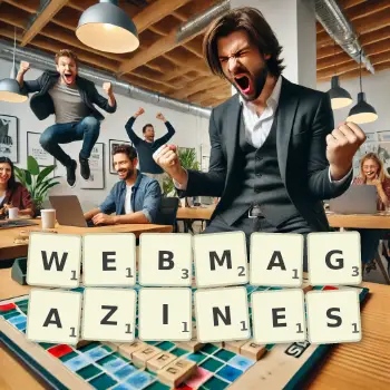 Illustration créative d'un jeu de lettres avec le mot WEBMAGAZINES épelé sur le plateau.