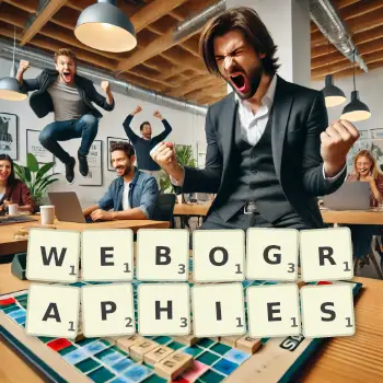 Illustration créative d'un jeu de lettres avec le mot WEBOGRAPHIES épelé sur le plateau.
