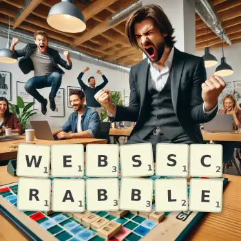 Illustration créative d'un jeu de lettres avec le mot WEBSSCRABBLE épelé sur le plateau.