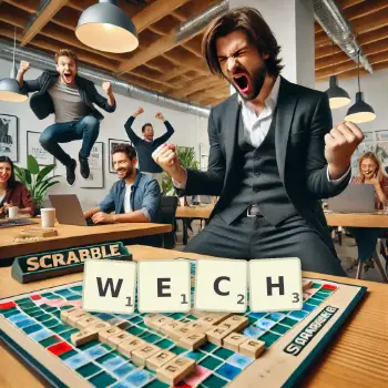 Illustration créative d'un jeu de lettres avec le mot WECH épelé sur le plateau.