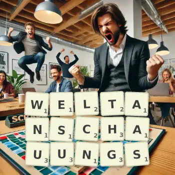 Illustration créative d'un jeu de lettres avec le mot WELTANSCHAUUNGS épelé sur le plateau.