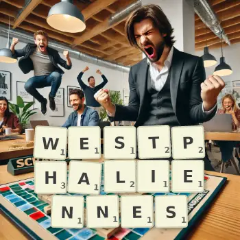 Illustration créative d'un jeu de lettres avec le mot WESTPHALIENNES épelé sur le plateau.