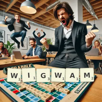 Illustration créative d'un jeu de lettres avec le mot WIGWAM épelé sur le plateau.