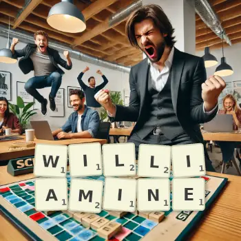 Illustration créative d'un jeu de lettres avec le mot WILLIAMINE épelé sur le plateau.