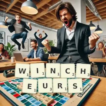 Illustration créative d'un jeu de lettres avec le mot WINCHEURS épelé sur le plateau.