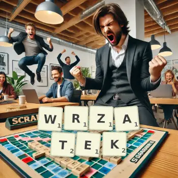 Illustration créative d'un jeu de lettres avec le mot WRZATEK épelé sur le plateau.