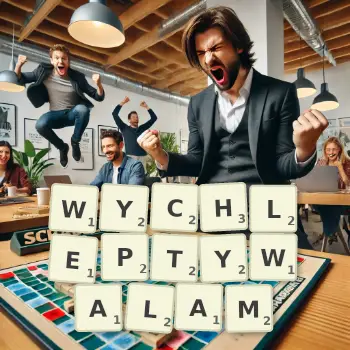 Illustration créative d'un jeu de lettres avec le mot WYCHLEPTYWALAM épelé sur le plateau.