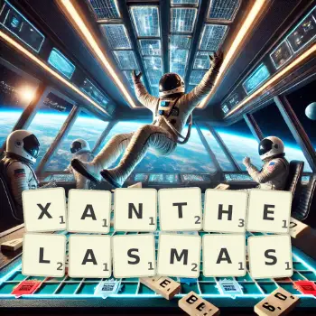 Illustration créative d'un jeu de lettres avec le mot XANTHELASMAS épelé sur le plateau.