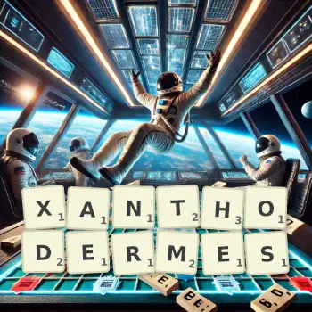 Illustration créative d'un jeu de lettres avec le mot XANTHODERMES épelé sur le plateau.