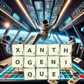Illustration créative d'un jeu de lettres avec le mot XANTHOGENIQUE épelé sur le plateau.
