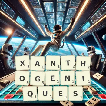 Illustration créative d'un jeu de lettres avec le mot XANTHOGENIQUES épelé sur le plateau.