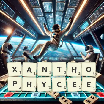 Illustration créative d'un jeu de lettres avec le mot XANTHOPHYCEE épelé sur le plateau.
