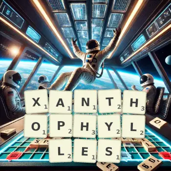 Illustration créative d'un jeu de lettres avec le mot XANTHOPHYLLES épelé sur le plateau.