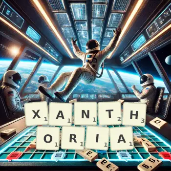 Illustration créative d'un jeu de lettres avec le mot XANTHORIA épelé sur le plateau.