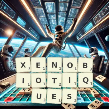 Illustration créative d'un jeu de lettres avec le mot XENOBIOTIQUES épelé sur le plateau.