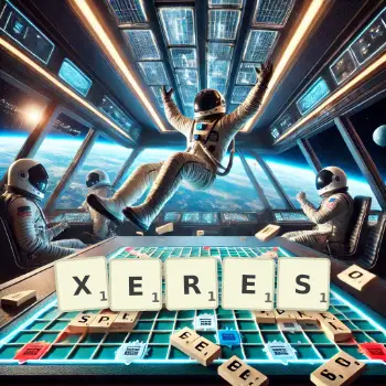 Illustration créative d'un jeu de lettres avec le mot XERES épelé sur le plateau.