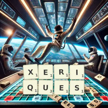 Illustration créative d'un jeu de lettres avec le mot XERIQUES épelé sur le plateau.