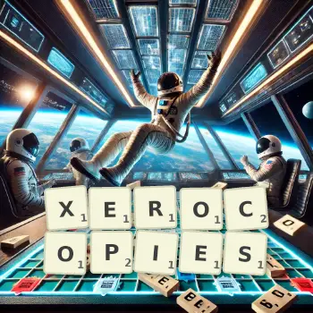 Illustration créative d'un jeu de lettres avec le mot XEROCOPIES épelé sur le plateau.